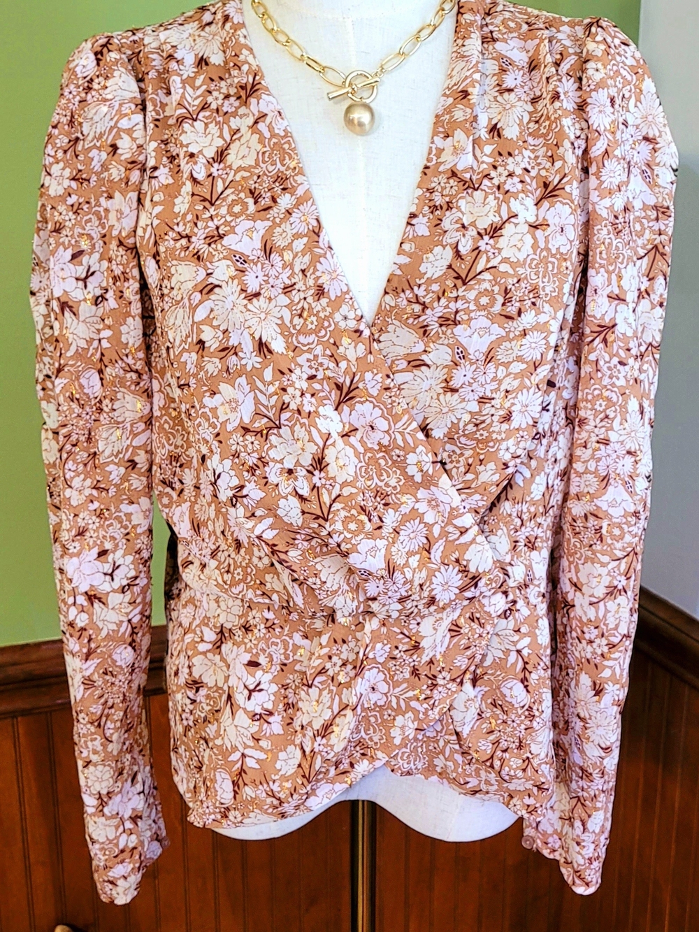 Feminine Express Floral Wrap Blouse- Cream, Brown And Gold